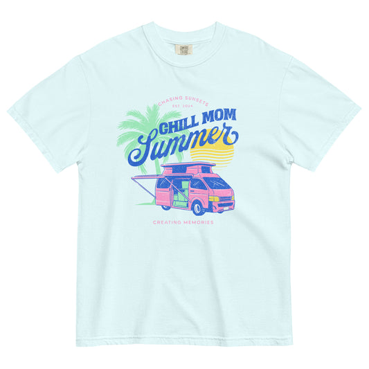 The Sunset Chaser Vintage Graphic Mom Tee | Chambray Blue Comfort Colors®️ T Shirt